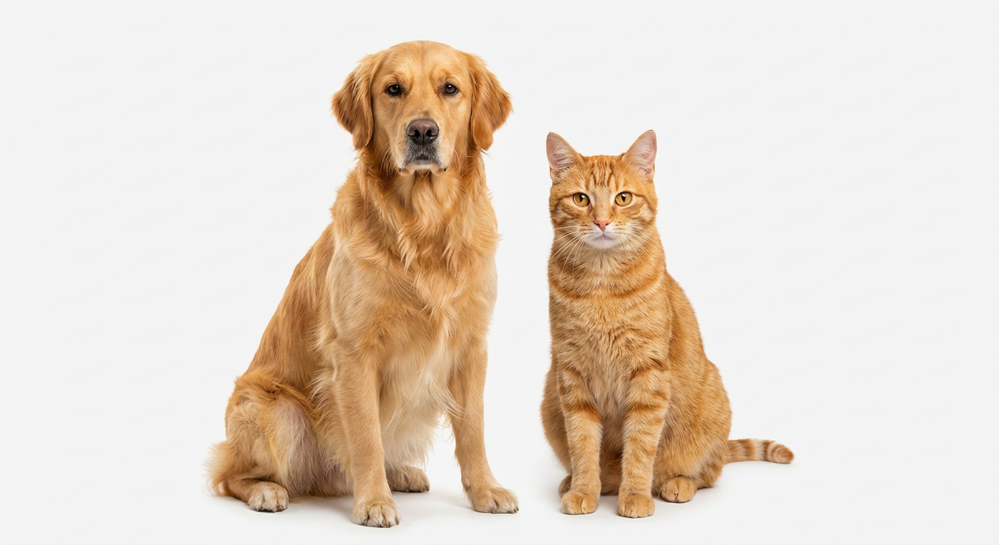 A golden retriever and orange cat sit on a bench, looking out a window.